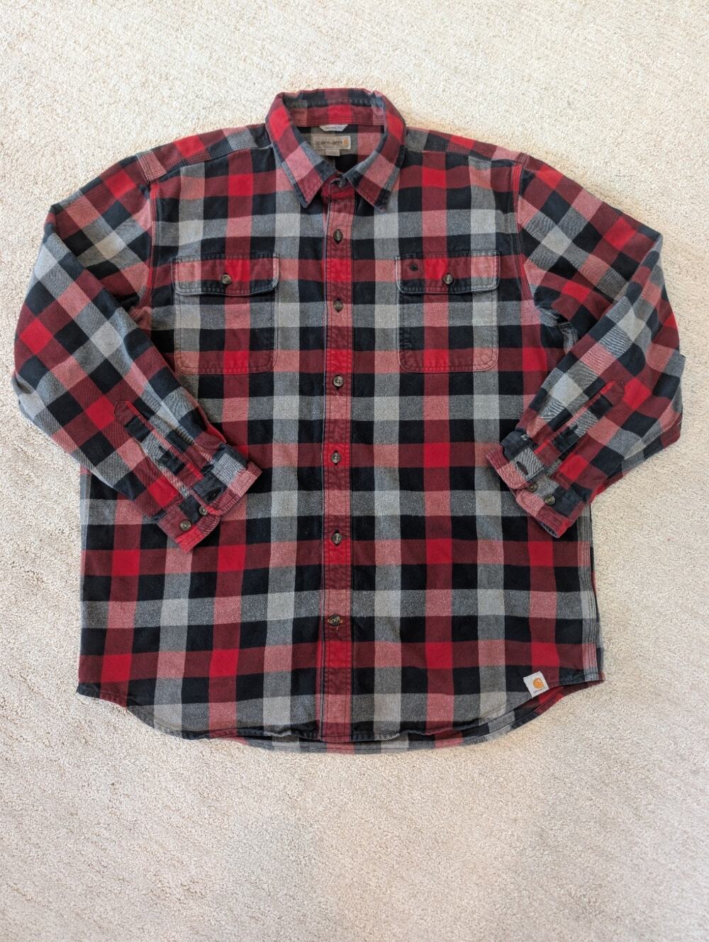 Men's Red Plaid Carhartt Heavyweight Flannel Button Up Shirt - XL